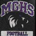 MGHS Football glitter tee black with purple and silver glitter graphic