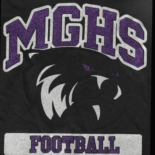 MGHS Football glitter tee black with purple and silver glitter graphic