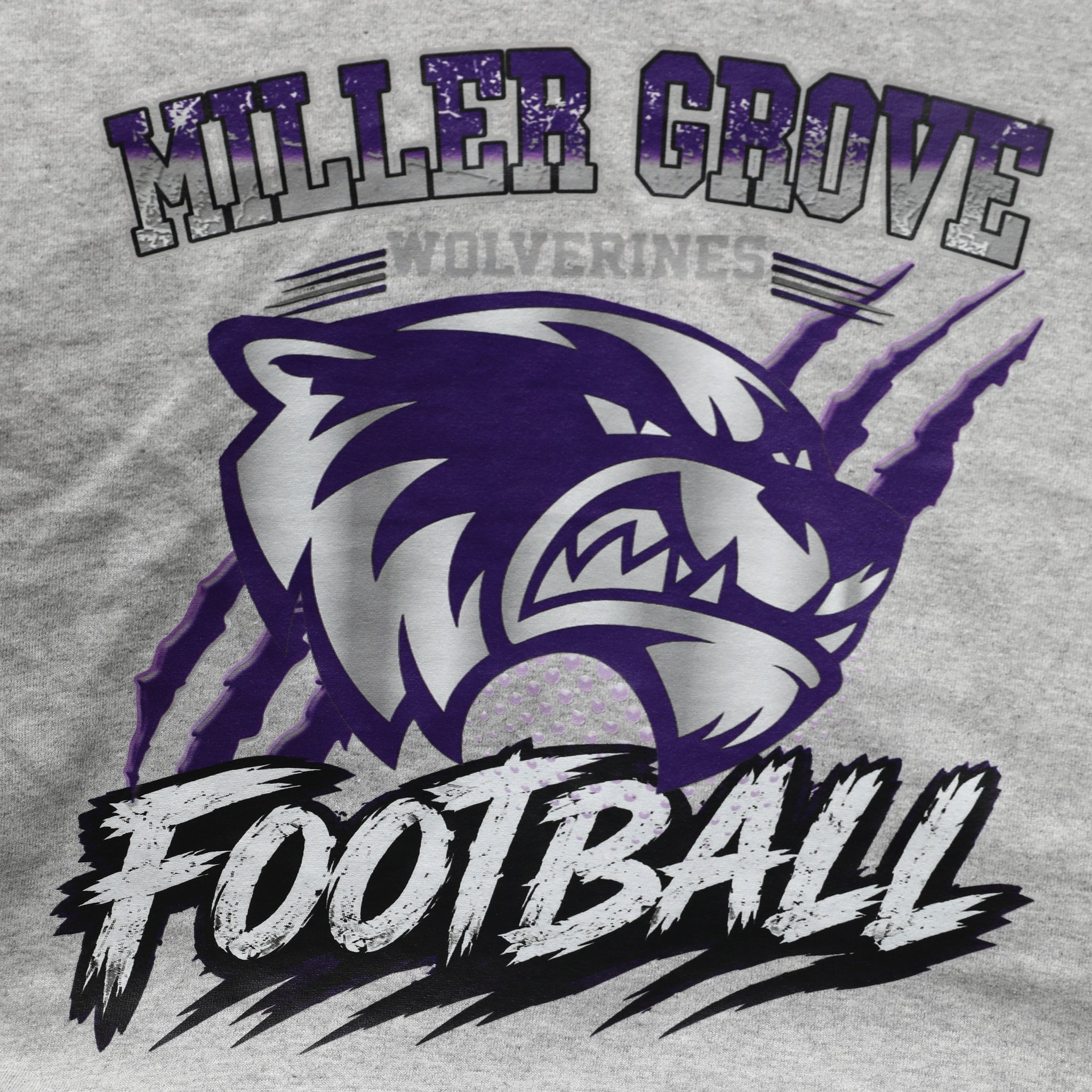 Miller Grove Wolverines Football tee in heather grey with purple and silver mascot graphic
